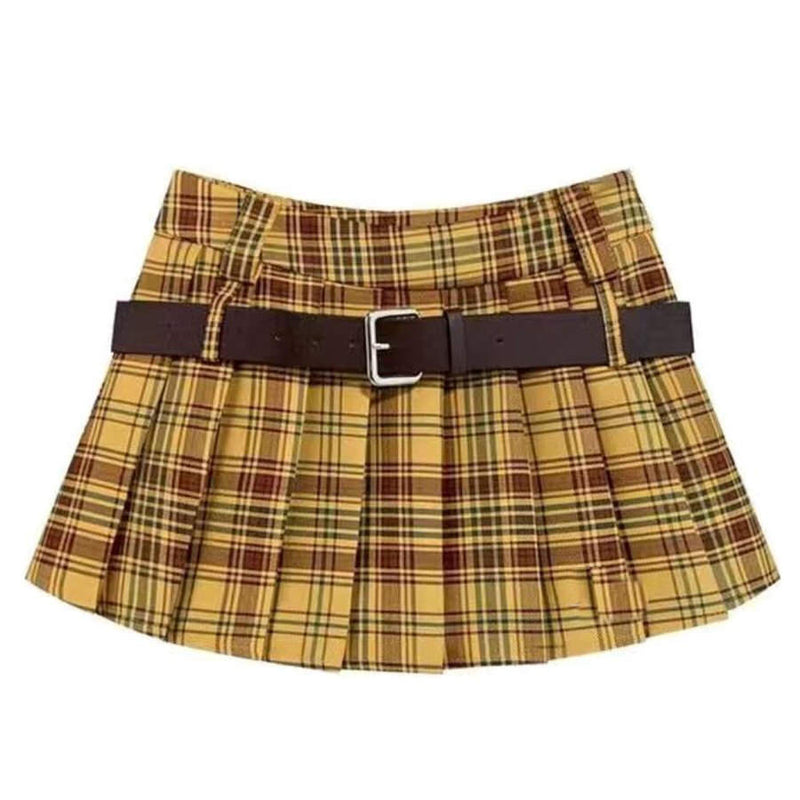 Double Belt Plaid Pleated Skirt BOOGZEL CLOTHING – Boogzel Clothing