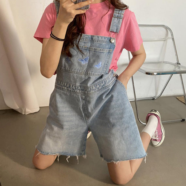 Butterfly Denim Dungaree Shorts