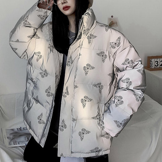 Reflective Butterfly Print Puffer Jacket In TWILIGHT GOLD