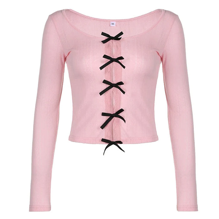 Y2K Coquette Aesthetic Fashion Pink V-neck Long Sleeve Shirt with
