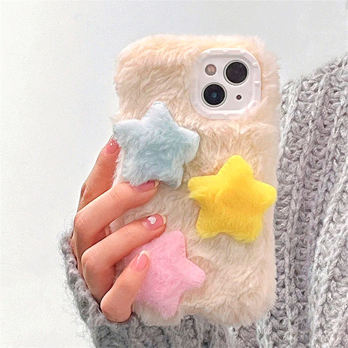 Cozy Moon and Stars Plush Phone Case - Cute Shockproof Fur Back Cover Cozy Moon and Stars Plush Phone Case - Cute Shockproof Fur Back Cover
