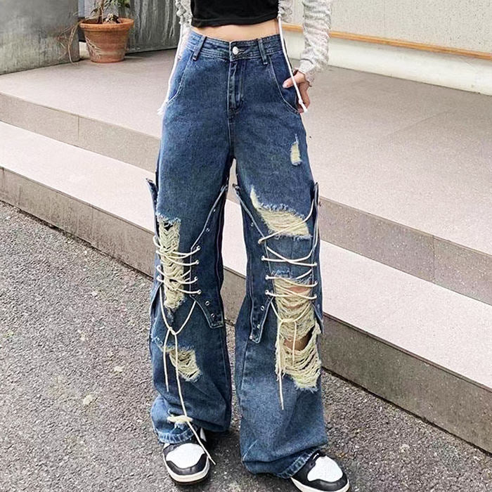 Ripped Lace Up Baggy Jeans