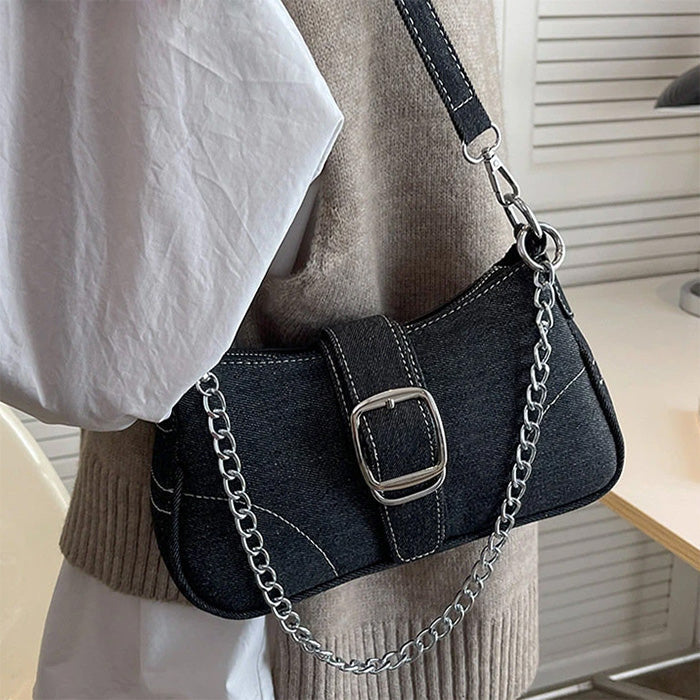 Y2K Denim Baguette Bag, Standart / Dark Grey