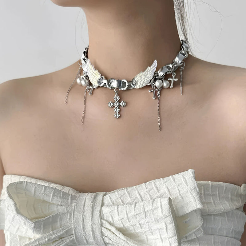 Angel Wings Cross Choker Necklace | Cute Accessories – Boogzel
