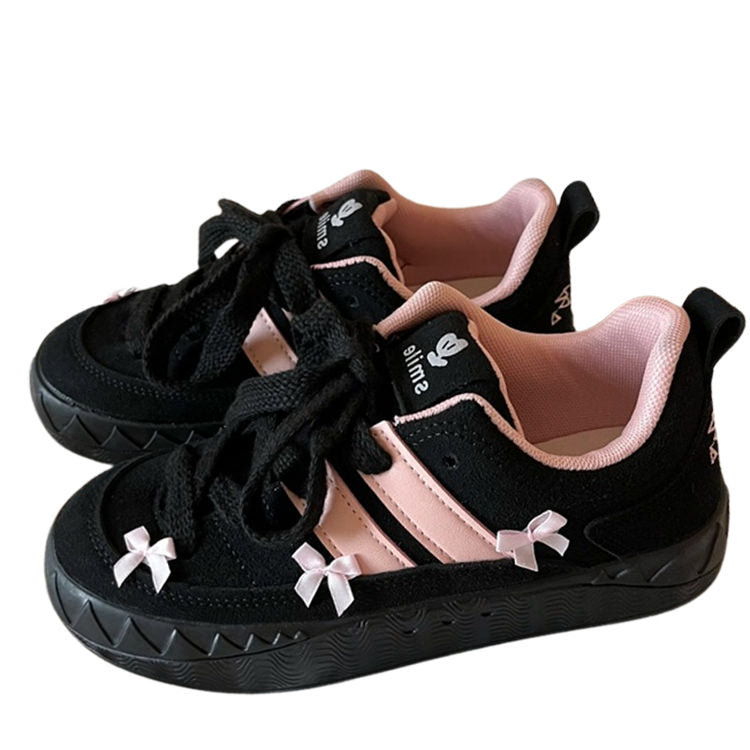 Coquette Aesthetic Black and Pink Platform Sneakers with pink bows- boogzel clothing