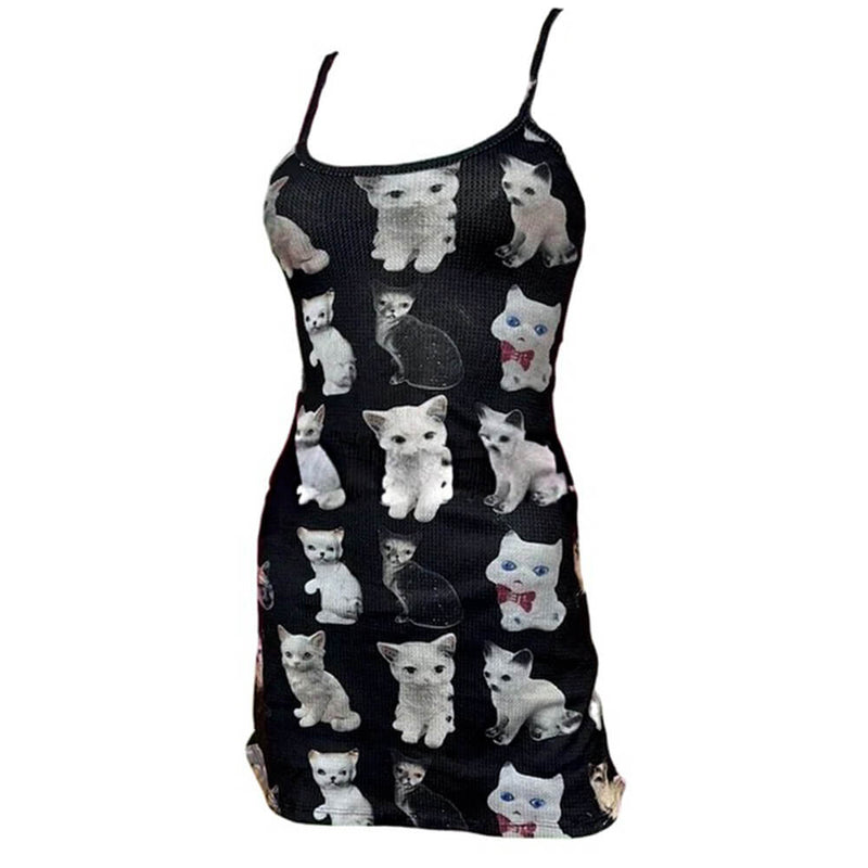 cute y2k dresses Cats Print Mini Dress, L / Black Style:6638-BLK jehdhy Women's Summer Dress the dress volume with 8th Grade Prom Dresses