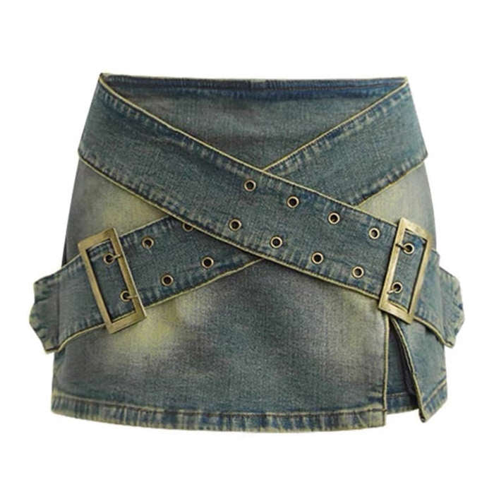 Double Buckle Denim Mini Skirt - Main Image