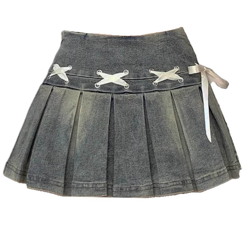 Fairy Grunge Lace Up Denim Pleated Skirt | BOOGZEL CLOTHING