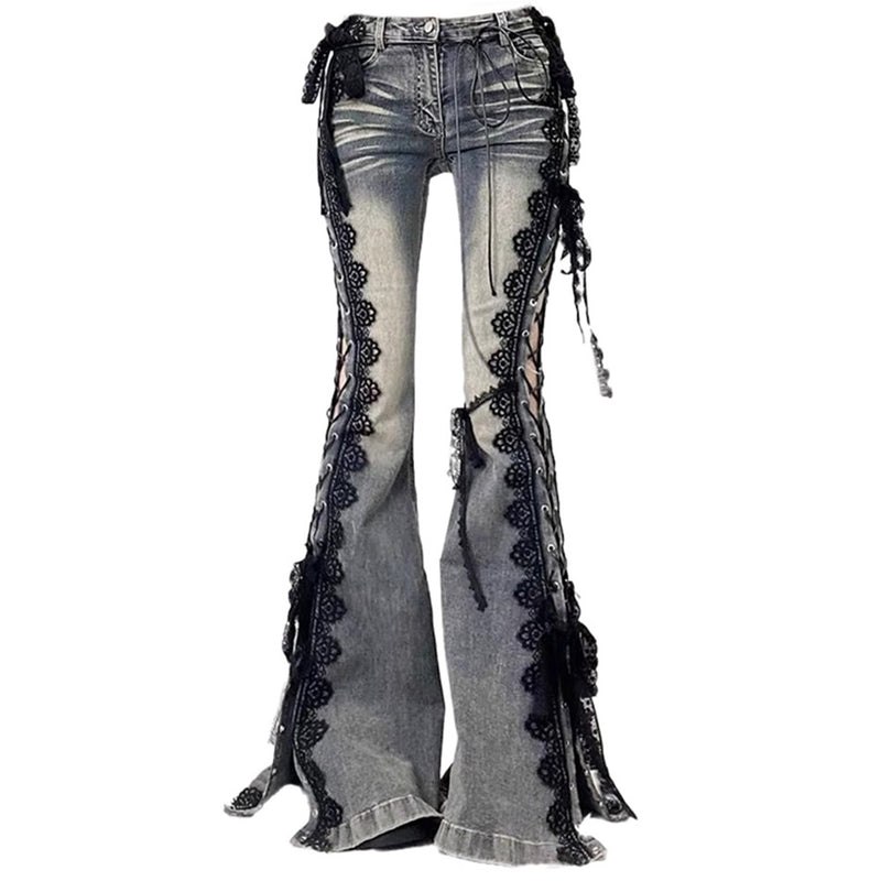 Fairy Grunge Lace Up Flared Jeans | Aesthetic Outfits – Boogzel