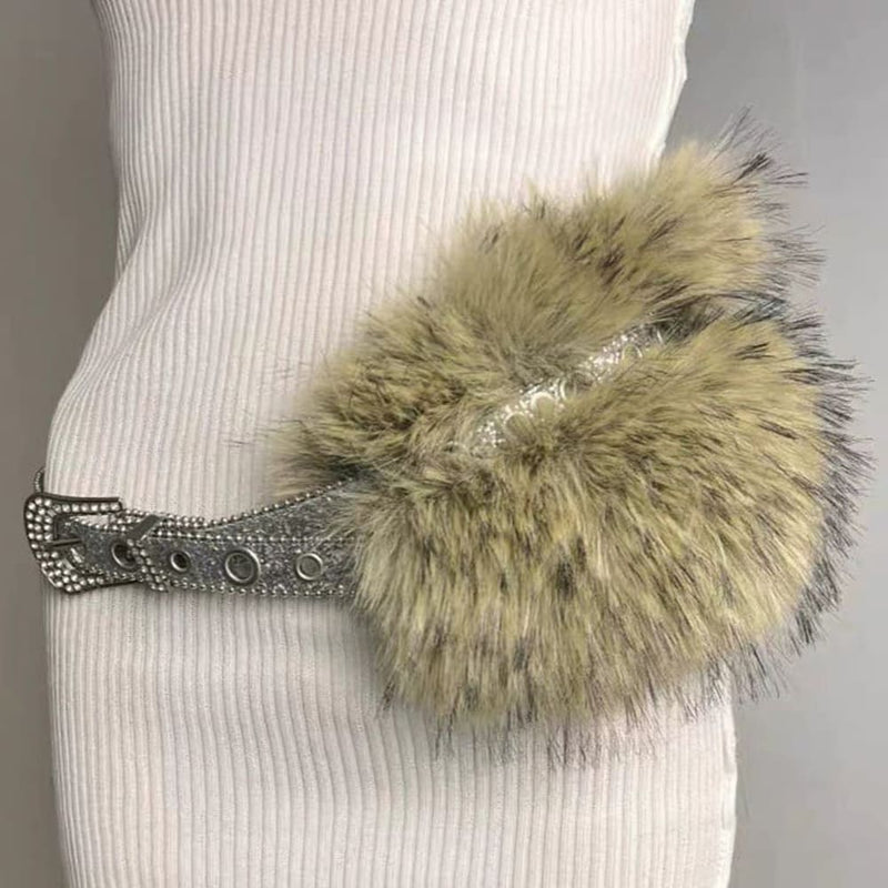 Faux Fur Trimmed Gray Belt Faux Fur Leather Belt Punk belt Waist Belts for Dresses and  main image 3
