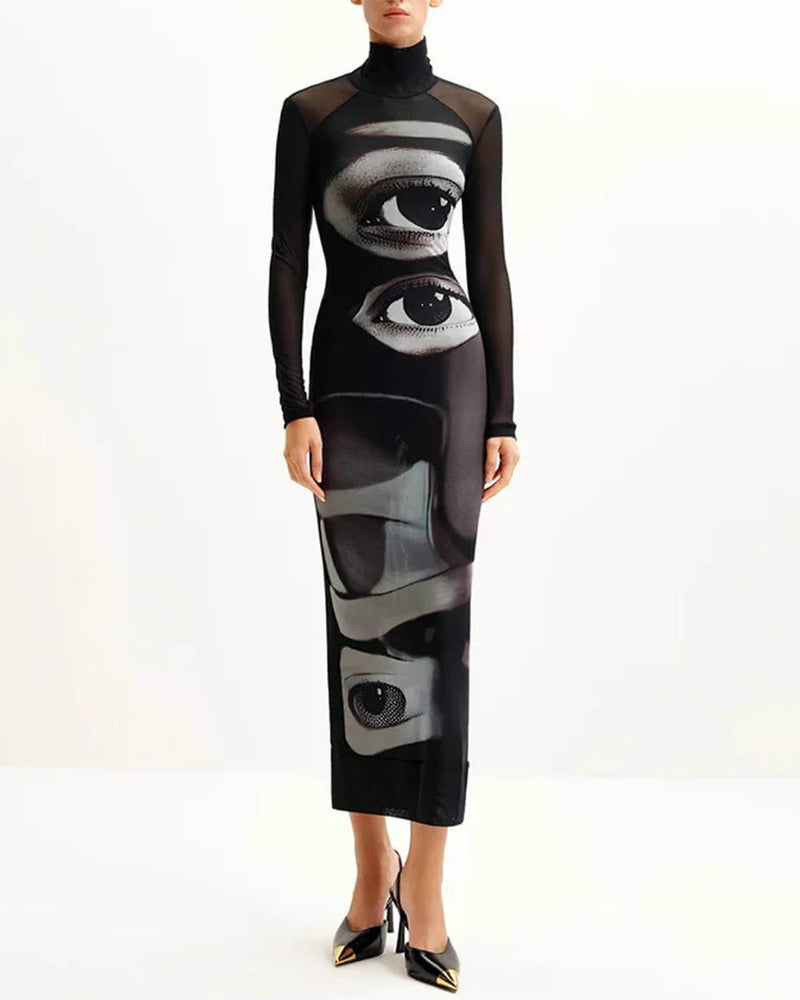 Mirabella Surreal Semi-Sheer Eye Print Mesh Dress Print / S