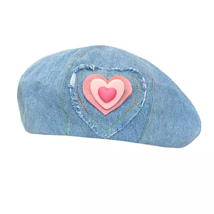 heart patch denim beret hat boogzel clothing