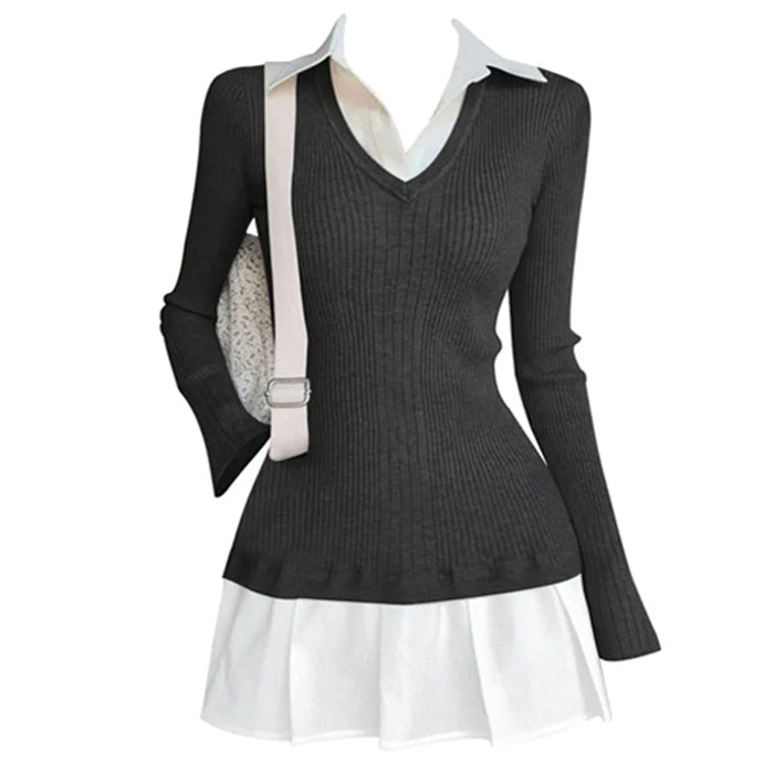 Preppy Style Pleated Knit Dress, Free Size / Black Preppy Style Pleated Knit Dress, Free Size / Black