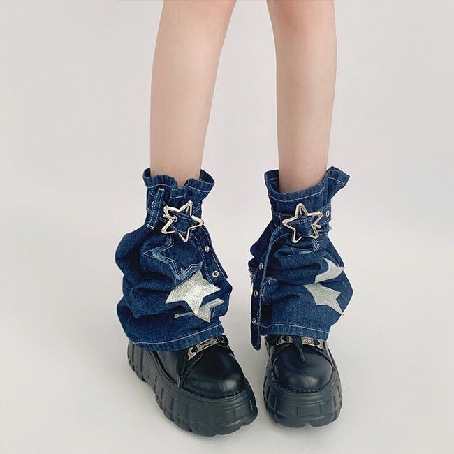 These Y2K Aesthetic Leg Warmers feature a denim construction, a star buckle closure, and glitter star design all over - Boogzel Clothing