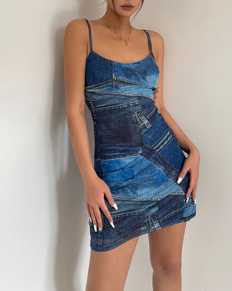 Y2K Denim Print Mini Dress