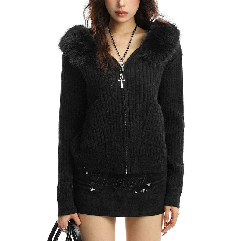 Y2K Style Fur Trim Zip Hoodie | Aesthetic Clothes – Boogzel Clothing