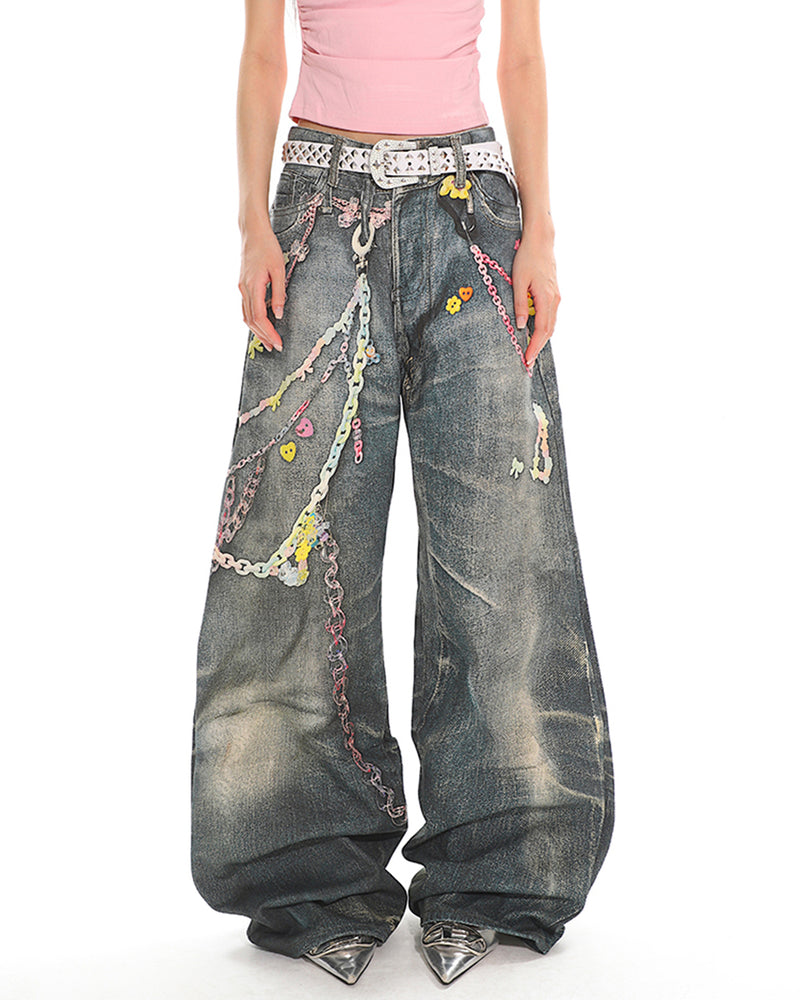 Y2K Printed Chain Charm Baggy Jeans BOOGZEL CLOTHING – Boogzel
