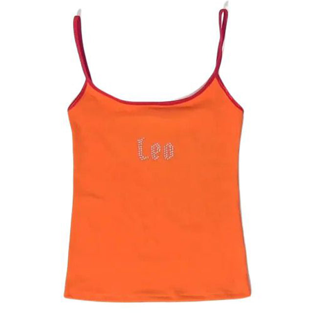 Y2K Style tank top &nbsp;with sparkling "Leo" text in rhinestones