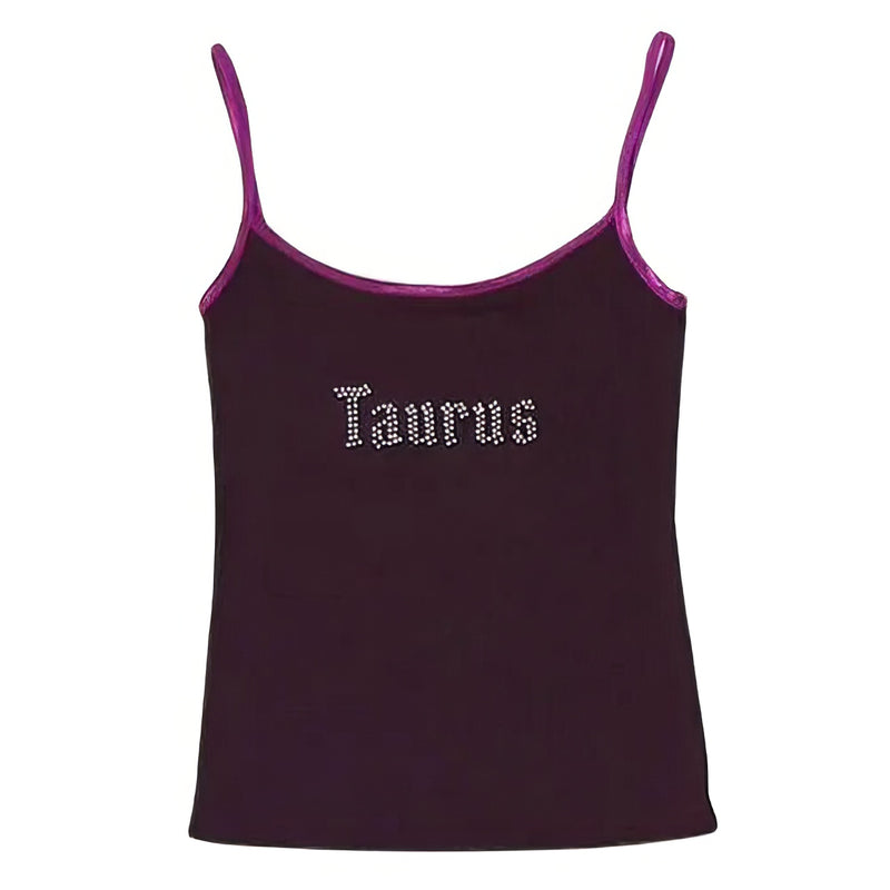 Y2K Style tank top &nbsp;with sparkling "Taurus" text in rhinestones