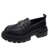 Black leather preppy loafers featuring a chunky sole and a gleaming silver chain across the vamp -  boogzel clothing