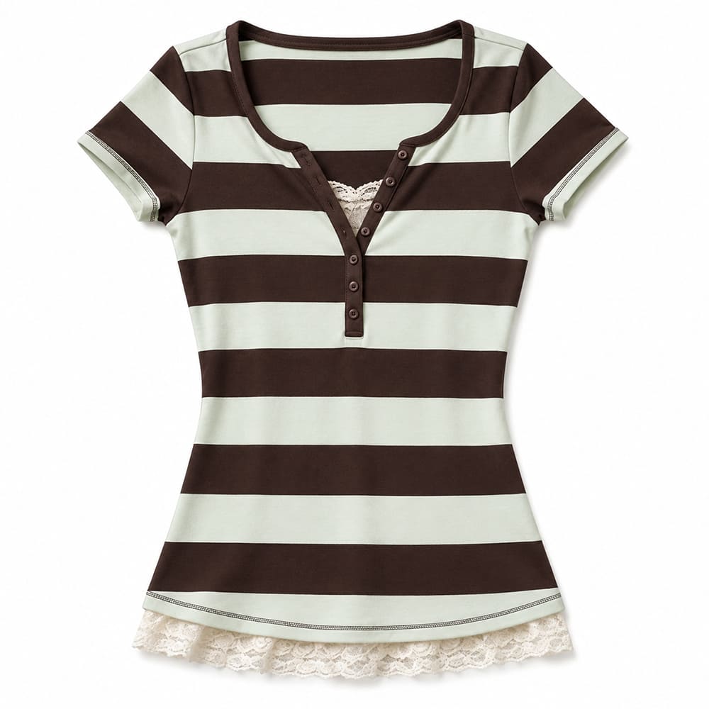2000s brown and blue striped henley top boogzel clothing