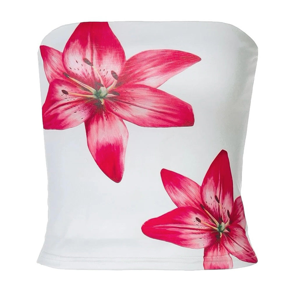 lily flower tube top 2000s Floral Tube Top, S / White/pink