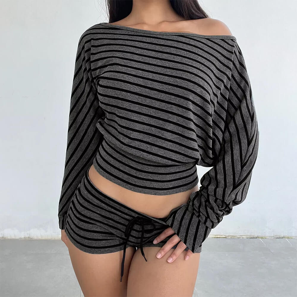 2000s one shoulder top striped shorts boogzel clothing