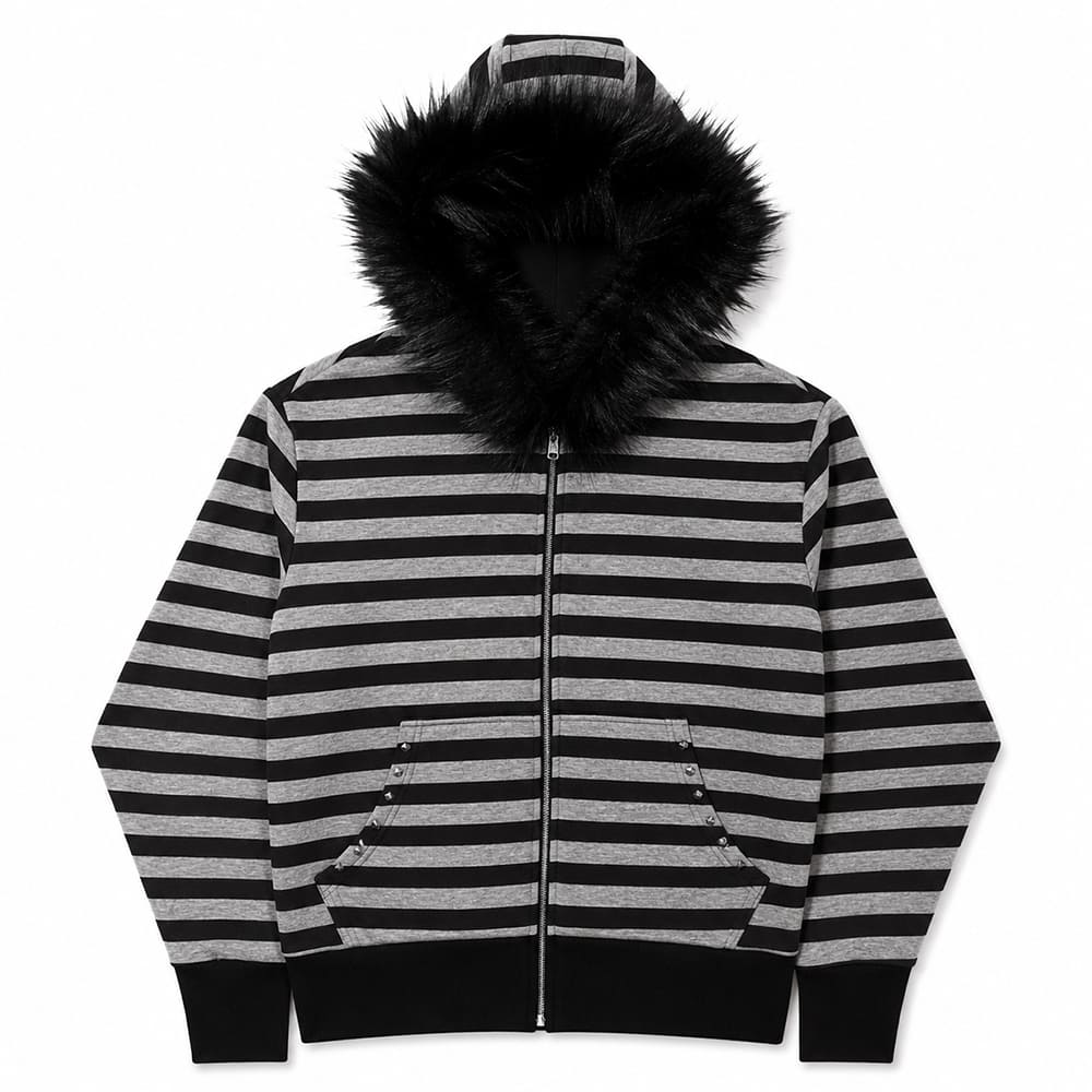 2000s striped faux fur zip up hoodie boogzel clothing