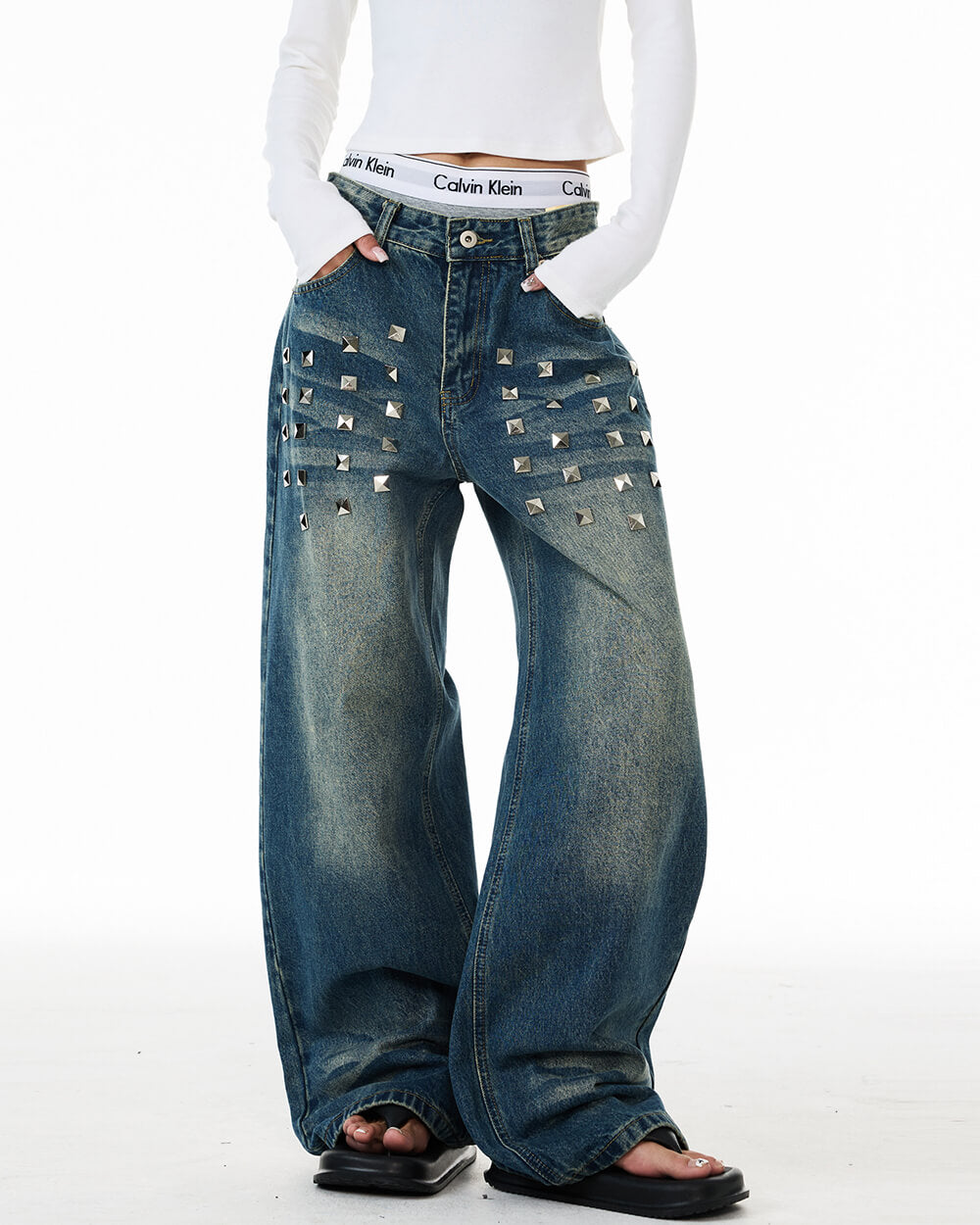 2000s studded wide leg jeans boogzel clothing