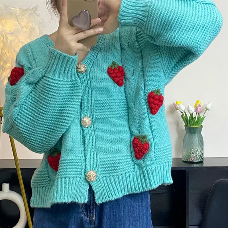 3d strawberry pattern cardigan boogzel clothing