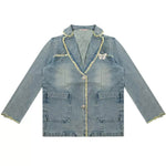 A distressed denim blazer featuring a charming butterfly pin and frayed edges. This jacket includes large front pockets and a lapel collar, perfect for adding a vintage and grunge touch to any outfit