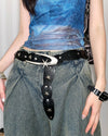 Aesthetic vegan leather belt adorned with star studs and moon buckle. Pairs well with various styles, including grunge, stargirl and downtown girl aesthetics - Boogzel Clothing