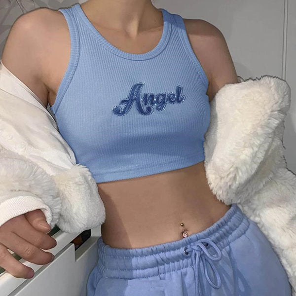 Ribbed Angel Graphic Cropped Tank Top