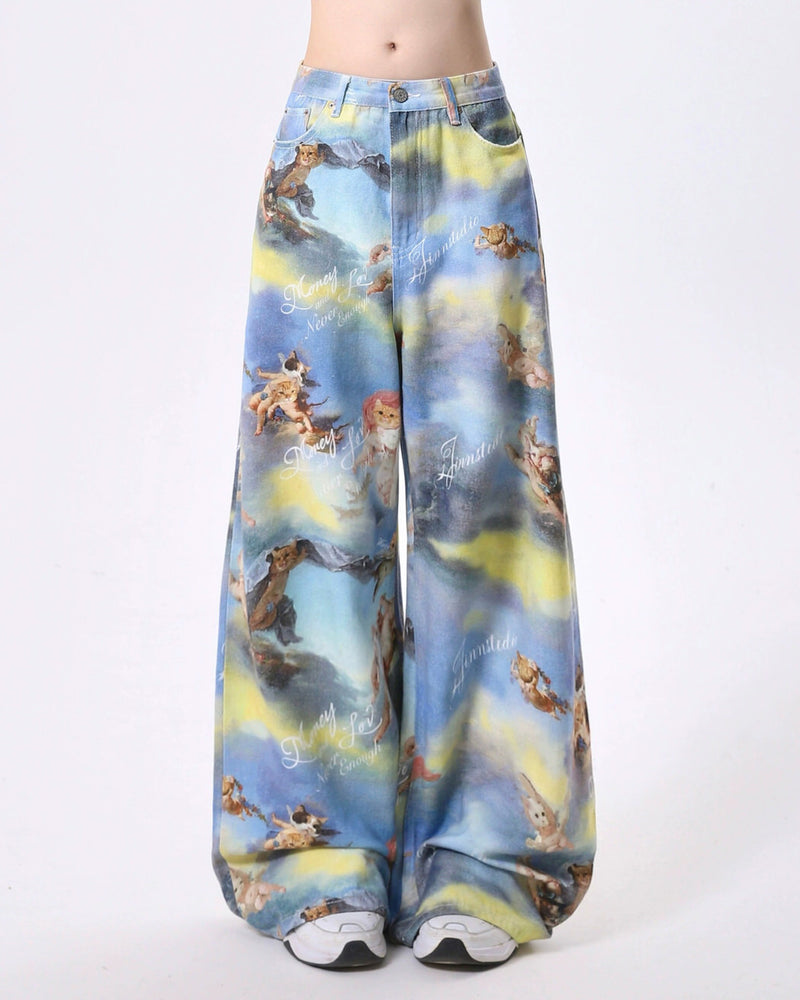 These blue wide-leg pants featuring a dreamy sky print with angelic cats, styled as cherubs - boogzel clothing