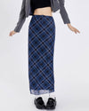 A stylish blue plaid maxi skirt with a high-waist design and drawstring closure. The skirt features a checkered pattern in varying shades of blue, creating a modern yet classic look. Its long, straight silhouette provides a sleek and elegant appearance, perfect for both casual and semi-formal occasions