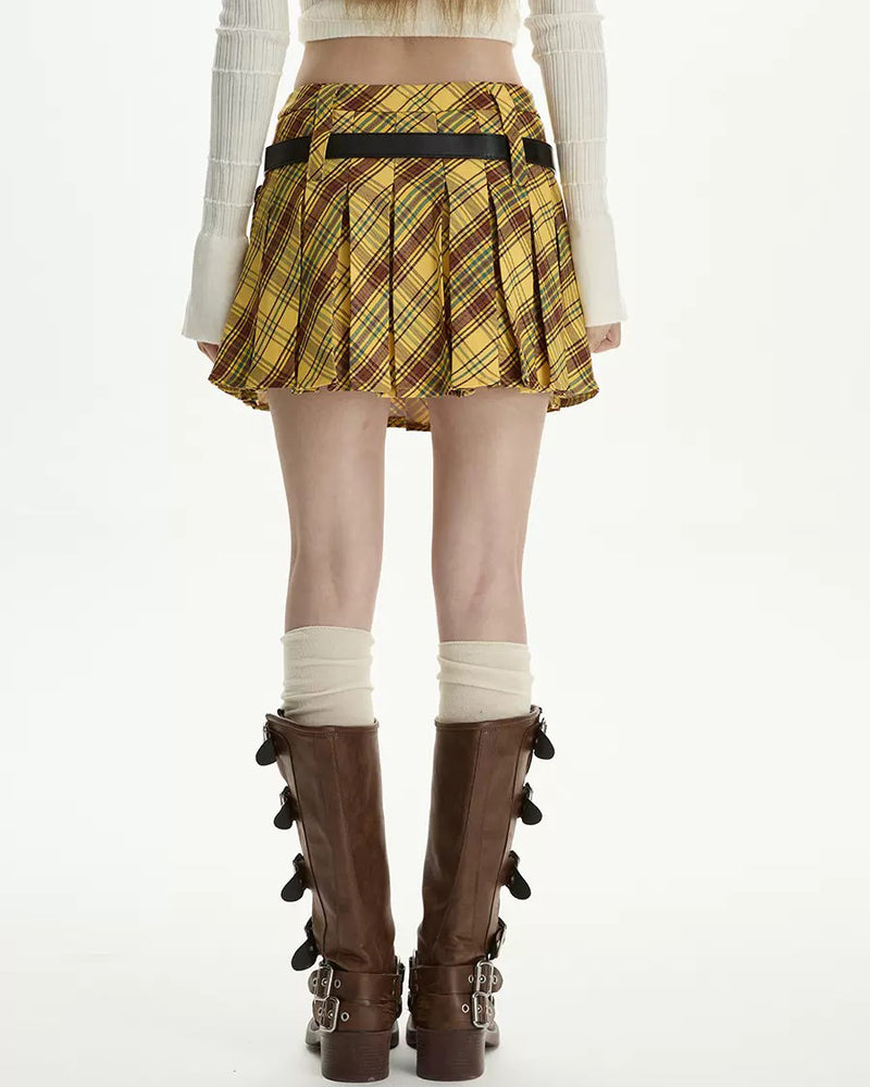 Double Belt Plaid Pleated Skirt BOOGZEL CLOTHING – Boogzel Clothing
