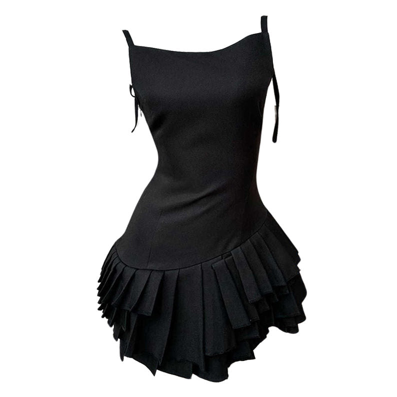 Balletcore Aesthetic Pleated Dress - black mini dress - boogzel clothing