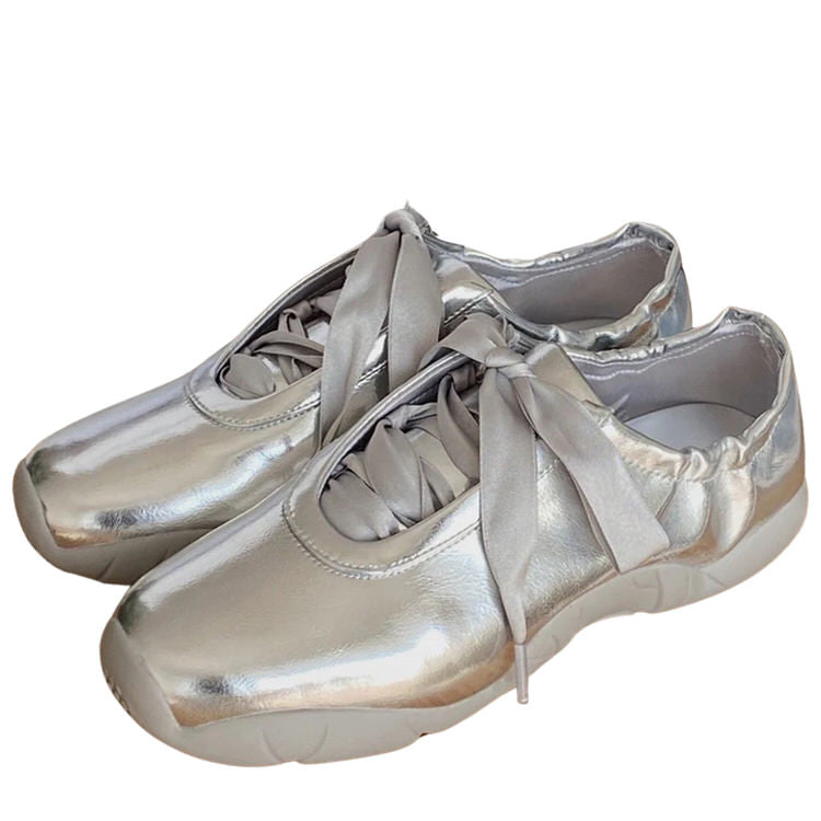 Balletcore Aesthetic Satin Bow Sneakers in Silver, Silver satin ballet sneakers - Boogzlel Clothing