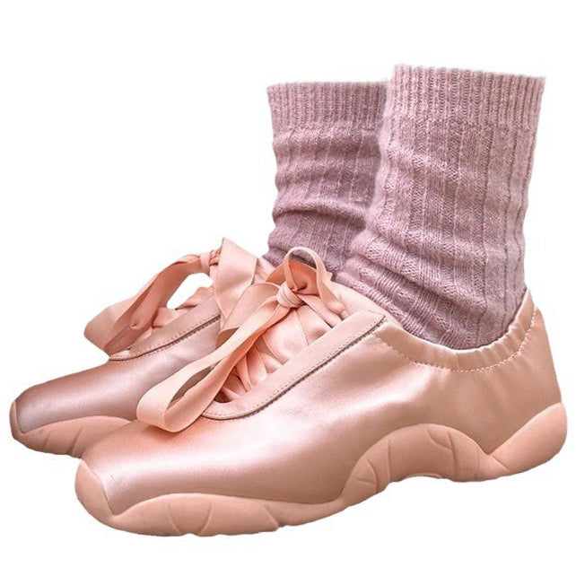 Balletcore Aesthetic Satin Bow Sneakers in Pink, pink satin ballet sneakers - Boogzlel Clothing