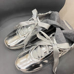 Balletcore Aesthetic Satin Bow Sneakers in Silver, Silver satin ballet sneakers - Boogzlel Clothing