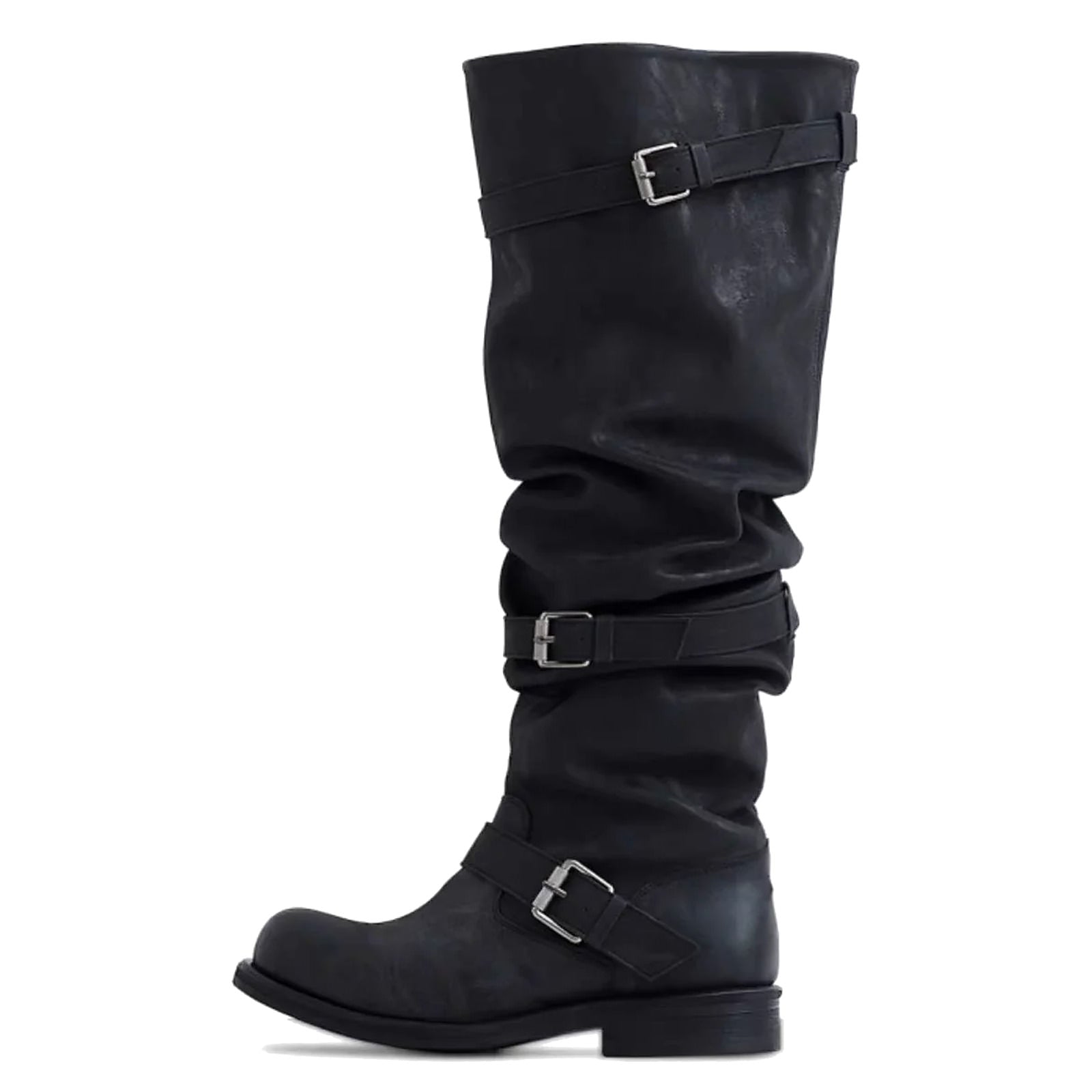 Black Over The Knee Western Slouch Boots Wild West Rider Tall Buckle Boots Cowgirl Aesthetic boogzel clothing