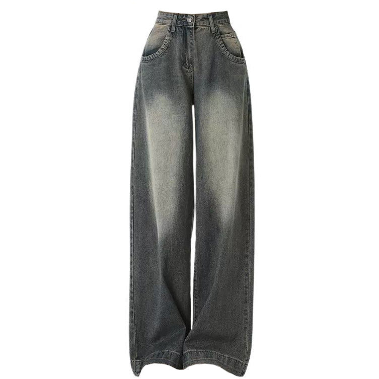 Wide-leg jeans in a faded black wash, featuring a relaxed fit and distressed detailing. Perfect for a casual, grunge-inspired style