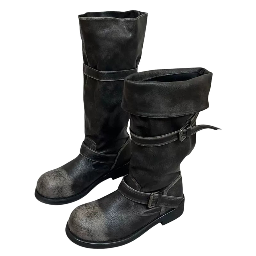 Black Western Slouch Boots Saddle Up Buckle Mid Calf Cowgirl Aesthetic Fold Over Cuff Boots boogzel clothing