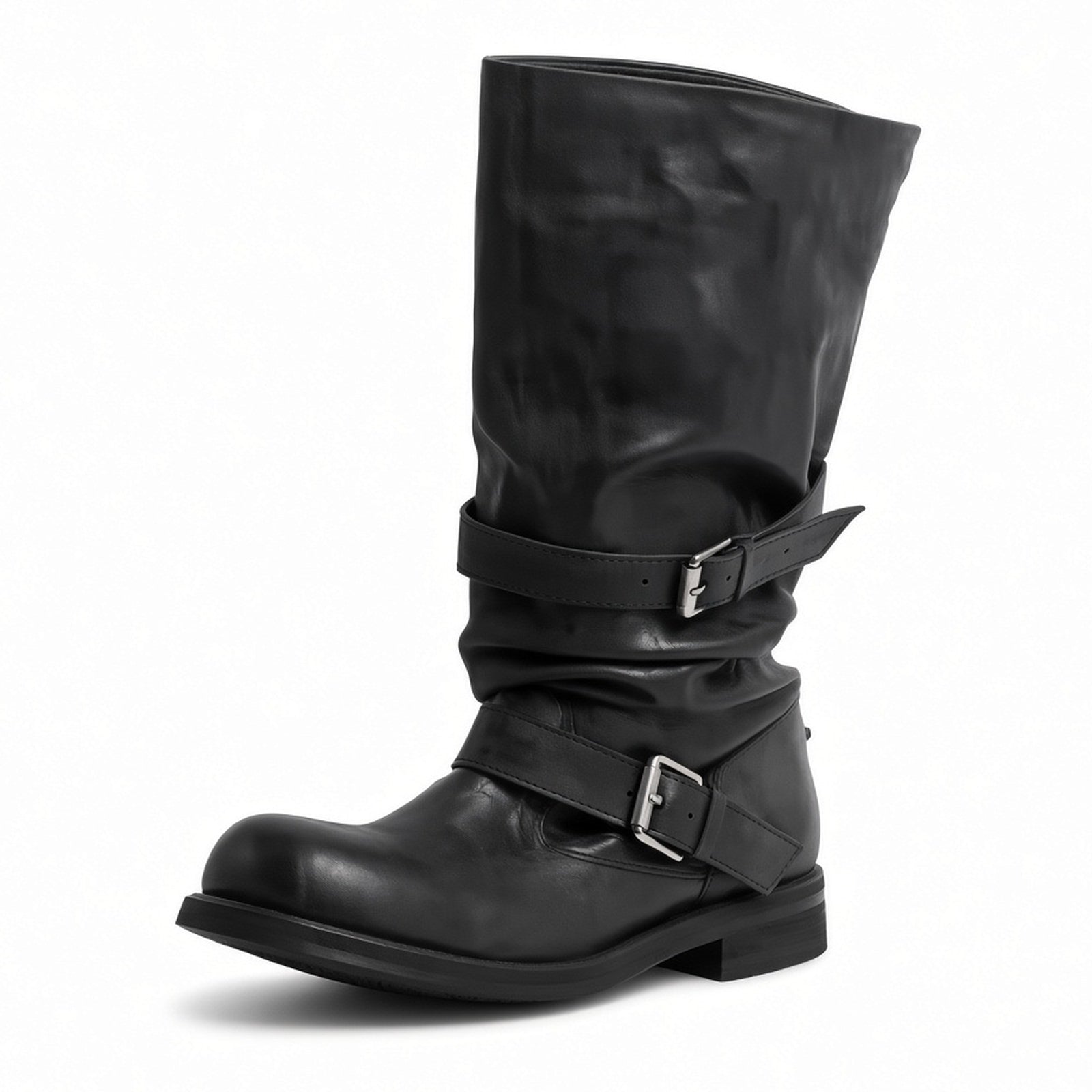 Black Western Slouch Boots Saddle Up Buckle Mid Calf Cowgirl Aesthetic Fold Over Cuff Boots boogzel clothing