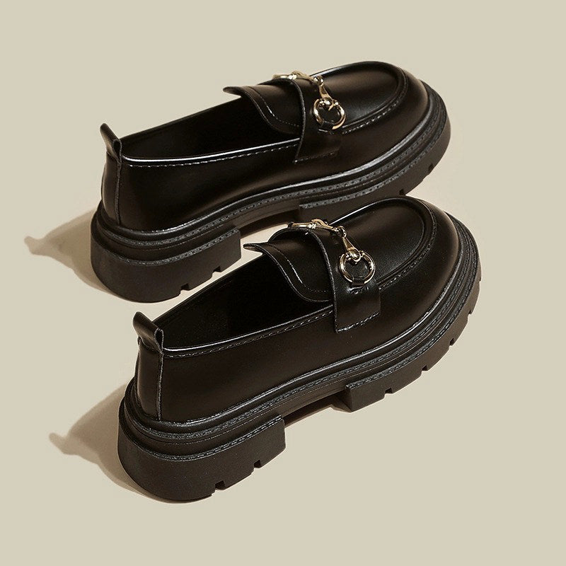 Black leather preppy loafers featuring a chunky sole and a gleaming silver chain across the vamp -  boogzel clothing