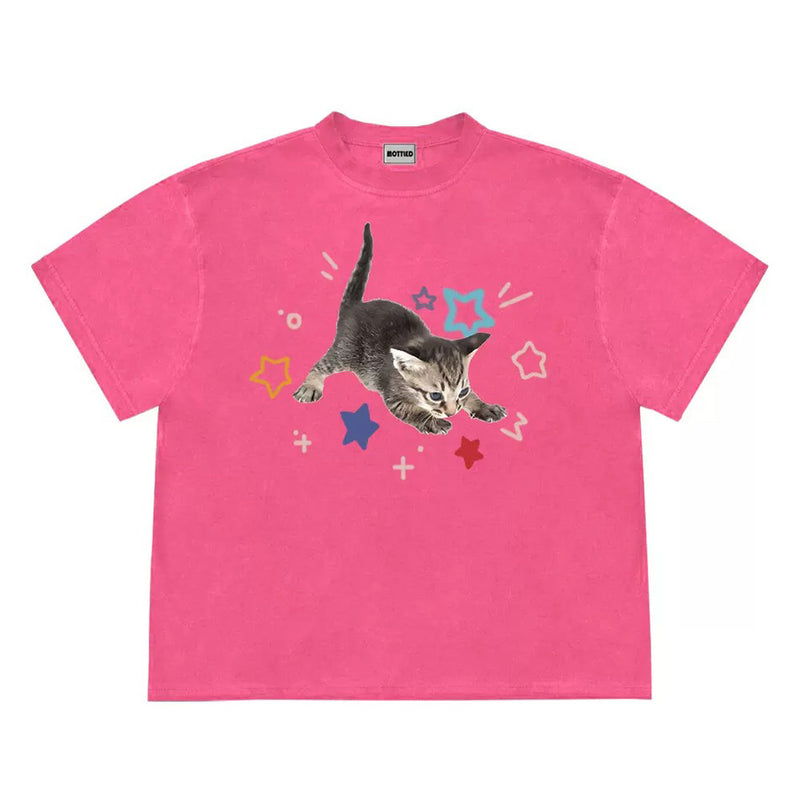Bright t-shirt with a cute kitten graphic surrounded by colorful stars - Boogzel Clothing