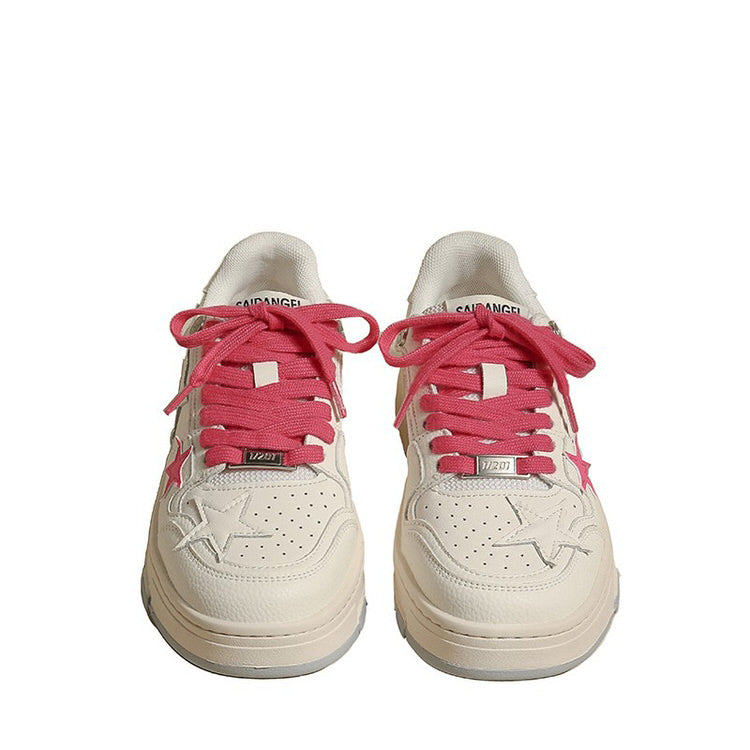 white sneakers with pink stars all over and pink lace - aesthetic shoes - boogzel clothing