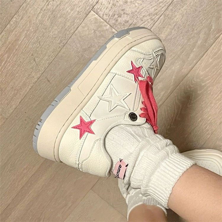 white sneakers with pink stars all over and pink lace - aesthetic shoes - boogzel clothing