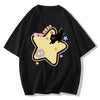 Casual oversized yellow t-shirt featuring a playful cartoon black cat and star print - Boogzel Clothing