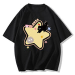 Casual oversized yellow t-shirt featuring a playful cartoon black cat and star print - Boogzel Clothing